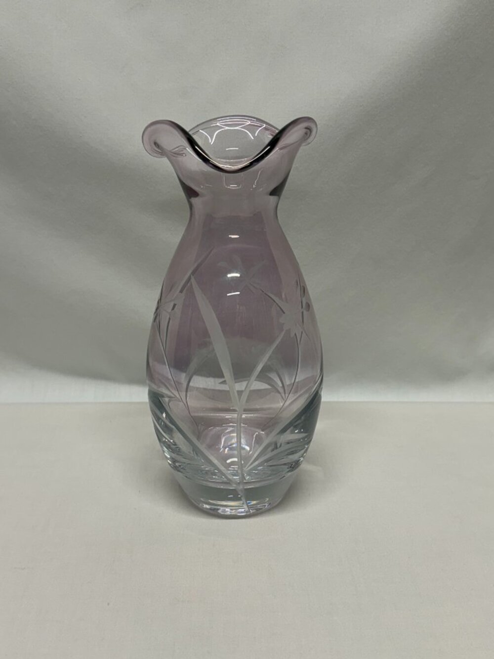 Lenox Amethyst-to-Clear Floral Etched Ruffled Edge Vase 8.75”